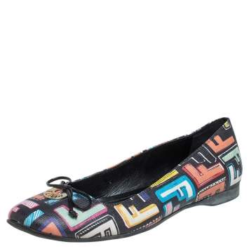 Pre Owned Fendi Multicolour Zucca Coated Canvas Logo Disc Ballerina Flats Size 37.5
