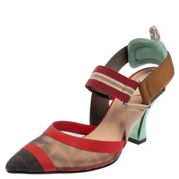 Pre Owned Fendi Red/Brown Leather And Mesh Colibri Pumps Size 36