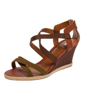 Pre Owned  Fendi Green/Brown Leather and Fabric Criss Cross Wedge Sandals Size 42