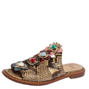Pre Owned Fendi Beige/Brown Python Flowerland Slide Flats Size 37