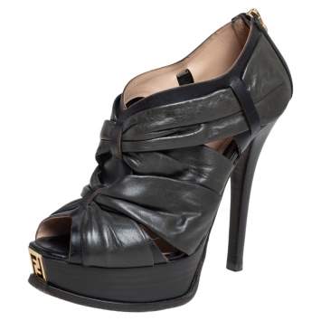 Pre Owned Fendi Black Pleated Leather Peep Toe Ankle Booties Size 38.5