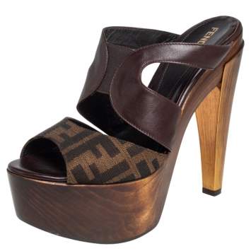 Pre Owned Fendi Brown Leather and Tobacco Zucca Canvas Platform Wooden Sandals Size 38.5