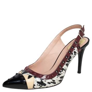 Pre Owned Fendi Multicolor Patent Leather and Python Embossed Leather Monster Eyes Studded Slingback Sandals Size 38.5