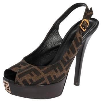 Pre Owned Fendi Tobacco Zucca Canvas Platform Slingback Sandals Size 40