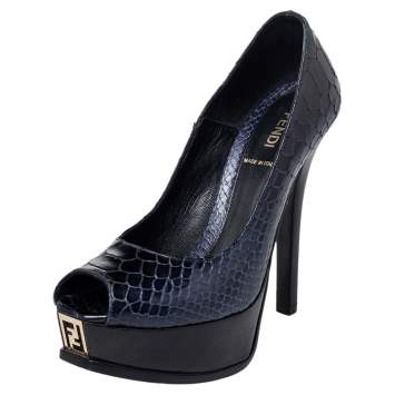 Pre Owned Fendi Navy Blue Python Embossed Leather Peep Toe Platform Pumps Size 37.5