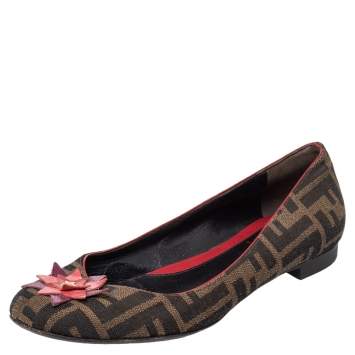 Pre Owned Fendi Brown Zucca Canvas Embellished Ballet Flats Size 38.5