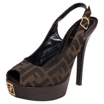 Pre Owned Fendi Tobacco Zucca Canvas Fendista Platform Slingback Sandals Size 38