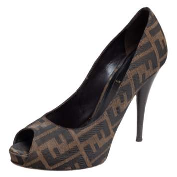 Pre Owned Fendi Tobacco Zucca Canvas Peep Toe Pumps Size 38