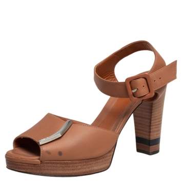 Pre Owned Fendi Tan Leather Ankle Strap Platform Sandals Size 38