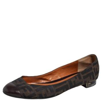 Pre Owned Fendi Brown Zucca Canvas And Leather Cap Toe Ballet Flats Size 40