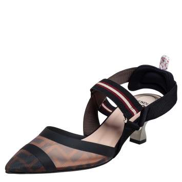 Pre Owned Fendi Brown Mesh and Canvas Colibri Slingback Sandals Size 39