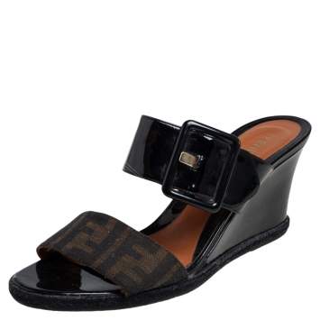 Pre Owned Fendi Black Patent Leather and Zucca Canvas Wedge Slide Sandals Size 40
