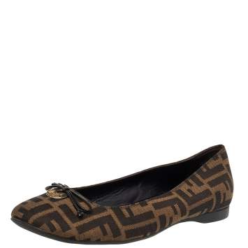 Pre Owned Fendi Brown Zucca Canvas Bow Ballet Flats Size 40