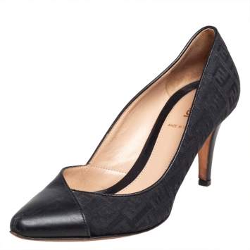 Pre Owned Fendi Blue/Black Zucca Canvas and Leather Pointed Toe Pumps Size 37