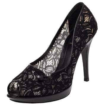 Pre Owned Fendi Black Lace And Leather Button Detail Peep Toe Pumps Size 39