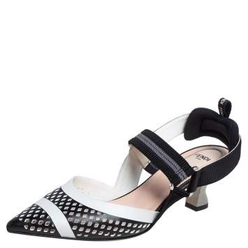 Pre Owned Fendi Black/White Perforated Leather and Canvas Colibri Slingback Pumps Size 38.5