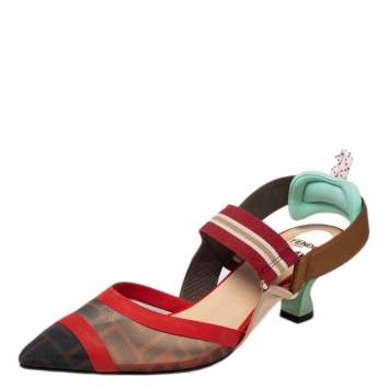 Pre Owned Fendi Multicolor Zucca Mesh Colibri Slingback Pumps Size 38.5