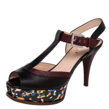 Pre Owned Fendi Multicolor Lizard Embossed And Leather Fendista Platform Sandals Size 39