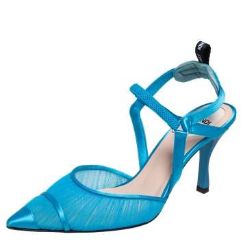 Pre Owned Fendi Blue Tulle And Satin Colibri Lite Slingback Sandals Size 37