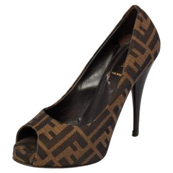Pre Owned Fendi Tobacco Zucca Canvas Platform Pumps Size 38.5