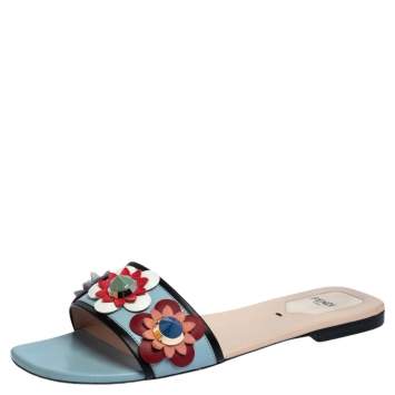 Pre Owned Fendi Blue/Beige Leather Flowerland Flat Sandals Size 39.5