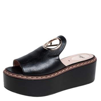 Pre Owned Fendi Black Leather Platform Slide Sandals Size 37