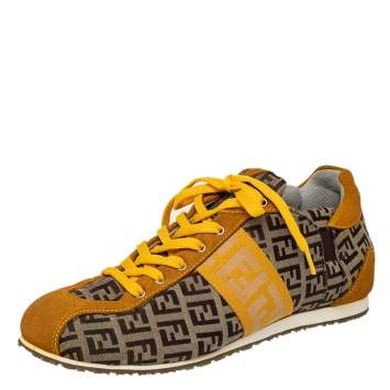 مملوكة مسبقًا Fendi Brown/Yellow Zucca Canvas And Suede Low Top Sneakers Size 37.5