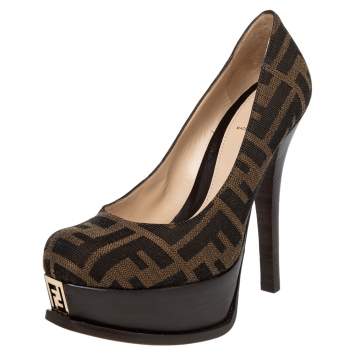 Pre Owned Fendi Tobacco Zucca Canvas Fendista Platform Pumps Size 35
