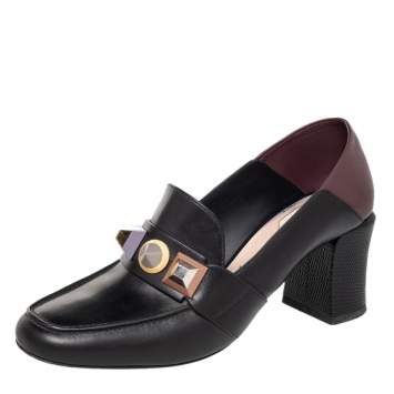 Pre Owned Fendi Black/Brown Leather Rainbow Studded Loafer Pumps Size 39
