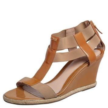 Pre Owned Fendi Beige Patent Leather And Elastic T-Strap Espadrille Wedge Sandals Size 40