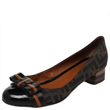 Pre Owned Fendi Brown/Black Zucca Canvas and Patent Leather Bow Peep Toe Pumps Size 39