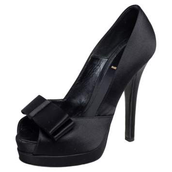 Pre Owned Fendi Black Satin Bow Open Toe Platform Pumps Size 37.5