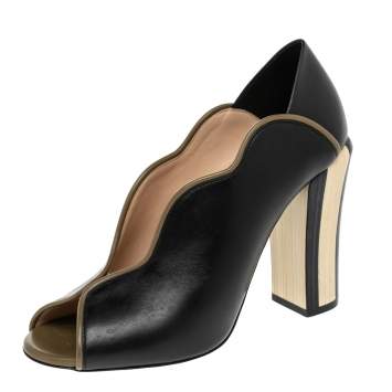 Pre Owned Fendi Black/Olive Green Wave Leather Block Heel Peep Toe Pumps Size 37