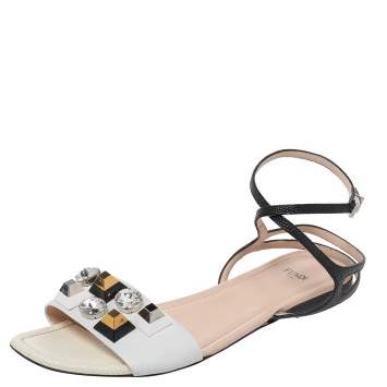 Pre Owned Fendi White/Black Lizard Embossed Leather Studded Ankle Strap Flat Sandals Size 41