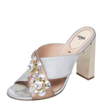Pre Owned Fendi Gold/Silver Foil Leather Floral Embellished Cross Strap Sandals Size 38