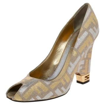 Pre Owned Fendi Gold/Silver FF Brocade Fabric Peep Toe Wedge Pumps Size 38