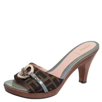 Pre Owned Fendi Green/Brown Tobacco Zucca Canvas And Patent Leather Slide Sandals Size 37