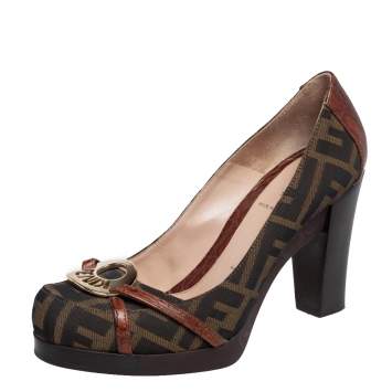 Pre Owned Fendi Brown Croc Embossed Leather and Tobacco Zucca Canvas Block Heel Pumps Size 37