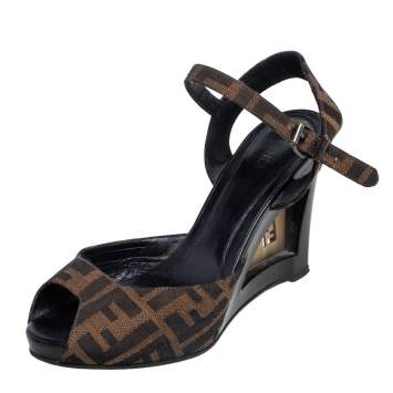 Pre Owned Fendi Brown Zucca Canvas Slingback Wedge Sandals Size 37