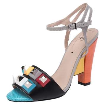 Pre Owned Fendi Multicolor Leather and Lizard Embossed Leather Fantasia Studded Ankle Strap Sandals Size 38