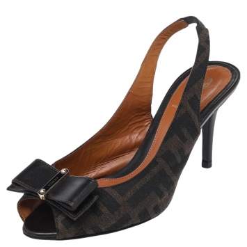 Pre Owned Fendi Brown Zucca Canvas And Leather Bow Peep Toe Slingback Sandals Size 35