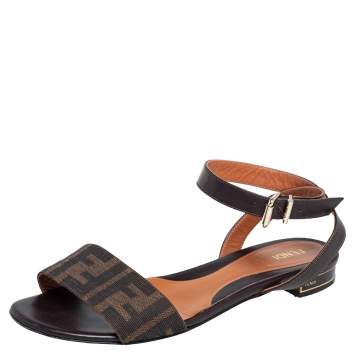 Pre Owned Fendi Tobacco Zucca Canvas and Leather Ankle Strap Flat Sandals Size37