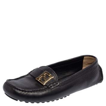 Pre Owned Fendi Black Leather FF Slip On Loafers Size 38.5