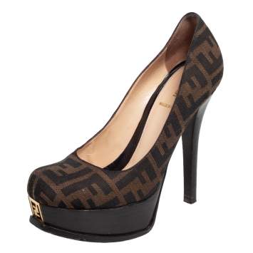 Pre Owned Fendi Tobacco Zucca Canvas Fendista Platform Pumps Size 38
