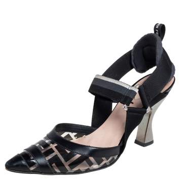 Pre Owned Fendi Black/Grey Leather, PVC And Fabric Colibri Slingback Pumps Size 36