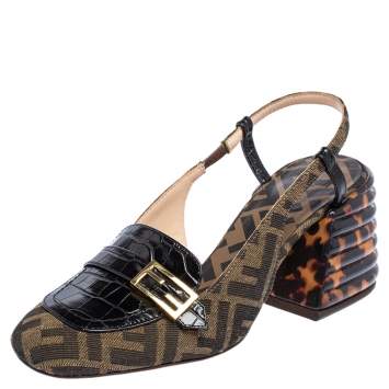 Pre Owned Fendi Tobacco/Black Croc Embossed Leather and Canvas Promenade FF Motif Slingback Sandals Size 37.5