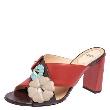 Pre Owned Fendi Red/Burgundy Leather Flowerland Mule Sandals Size 39