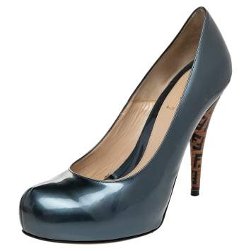 Pre Owned Fendi Grey Patent Leather Zucca Heel Platform Pumps Size 40.5