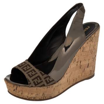 Pre Owned Fendi Metallic/Brown Zucchino Canvas and Patent Leather Cork Wedge Sandals Size 39