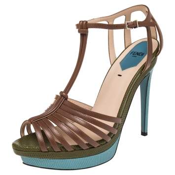 Pre Owned Fendi Multicolor Leather And Lizard Embossed Leather Strappy Platform Ankle Strap Sandals Size 38